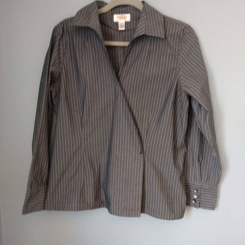 Talbot Petites Cotton Wrap Shirt Gray Pinstripe Long Cuff Sleeves Work Attire